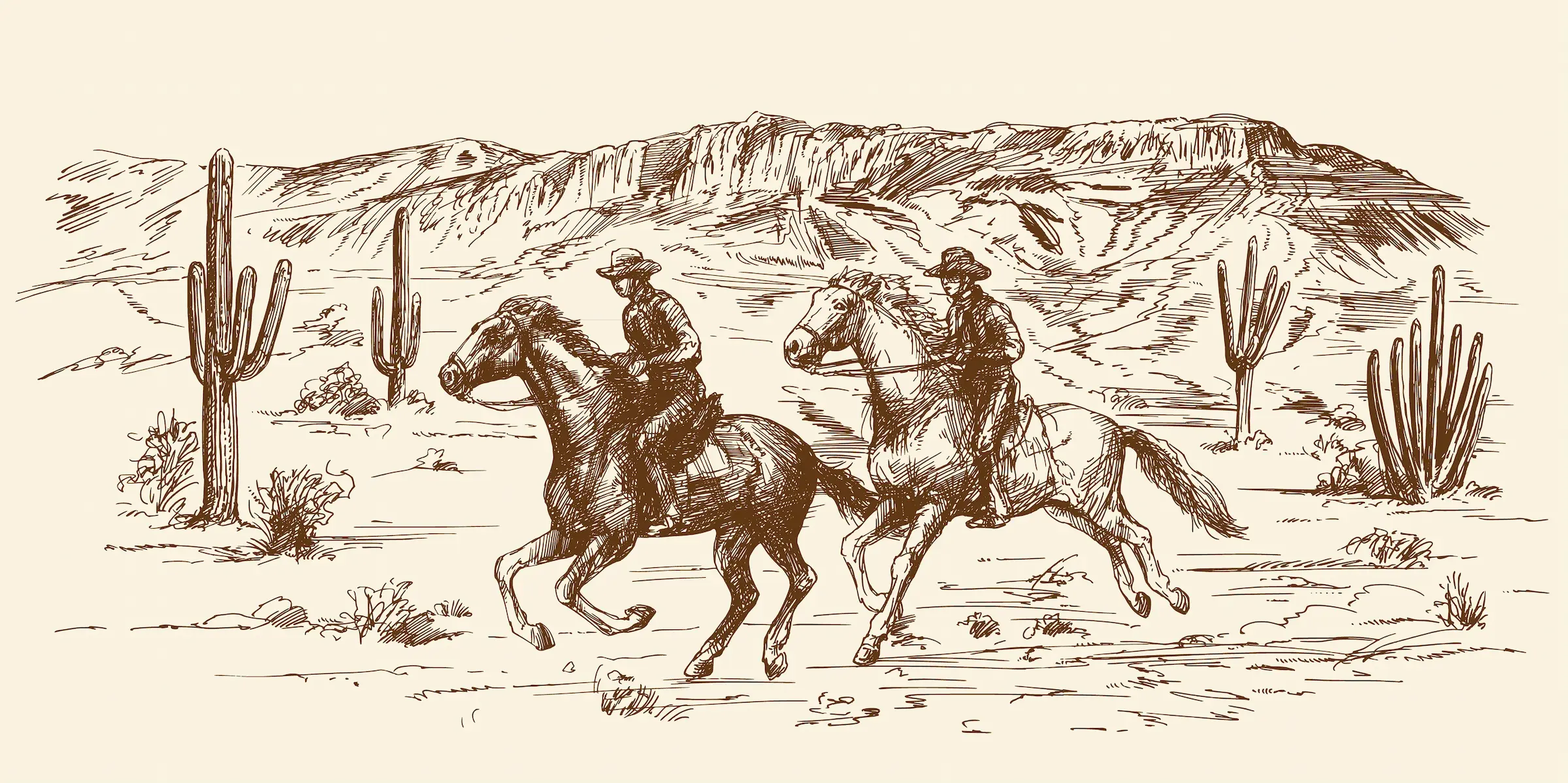 Hand drawn picture of two cowboys riding horses through a canyon