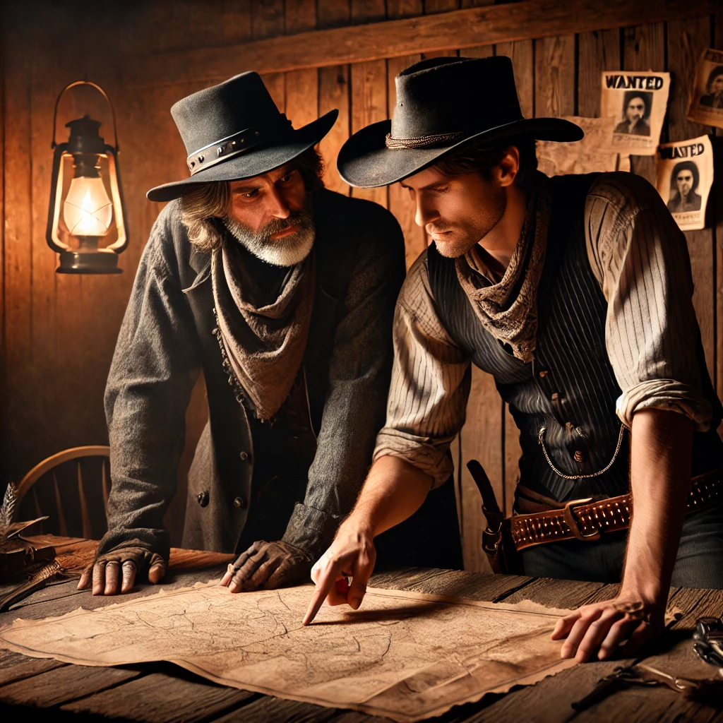 Cowboys planning heist in a den